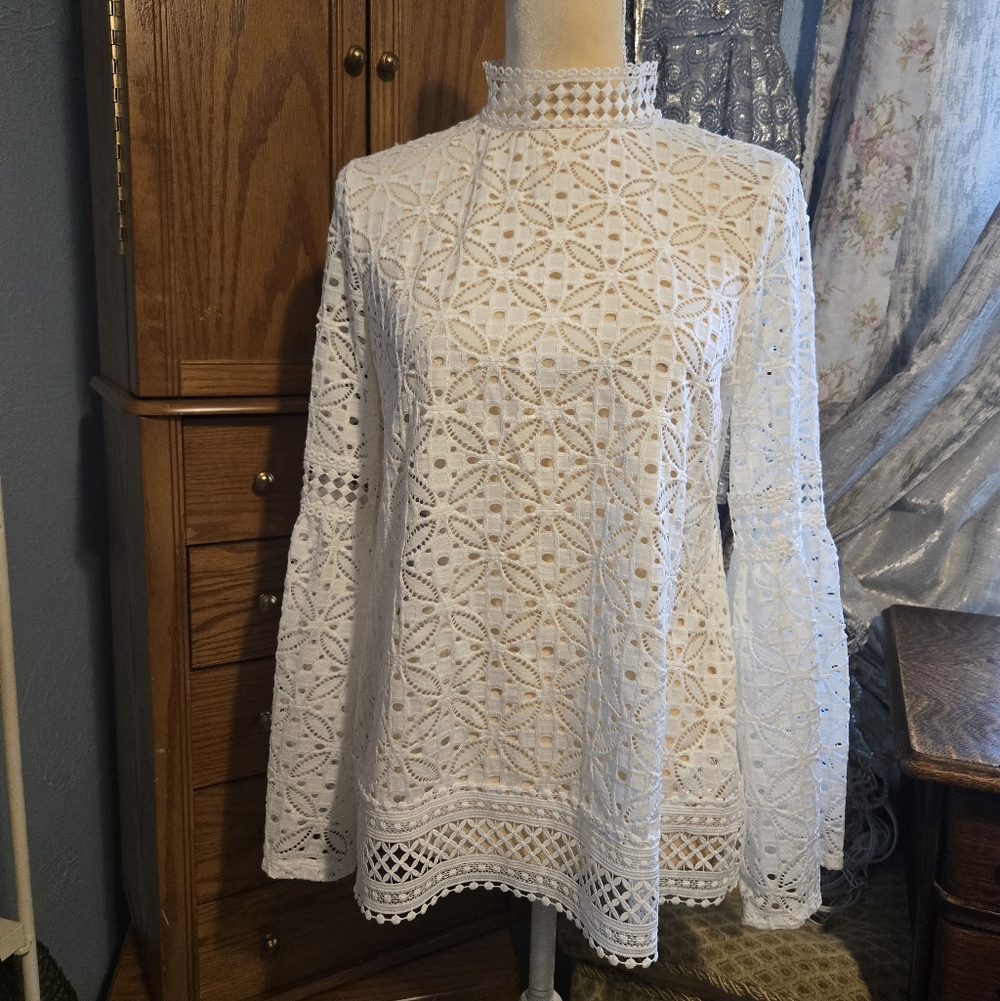Cable & Gauge Lace Top Mock Neck Long Sleeve Blouse